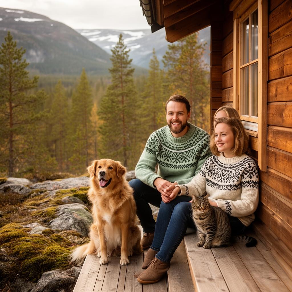 Norsk familj med hund och katt på en hyttveranda